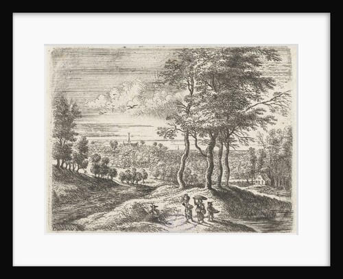 Wooded landscape with two women and a boy with a basket by Lucas van Uden