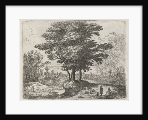 Three trees, a shepherd with sheep and a dog by Lucas van Uden