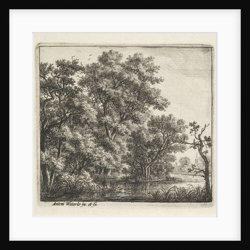 On the left is a wooded island and shown on the right in the distance is a church by Anthonie Waterloo
