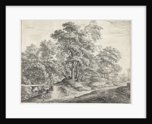 Woman with child on a wooden bridge by Anthonie Waterloo