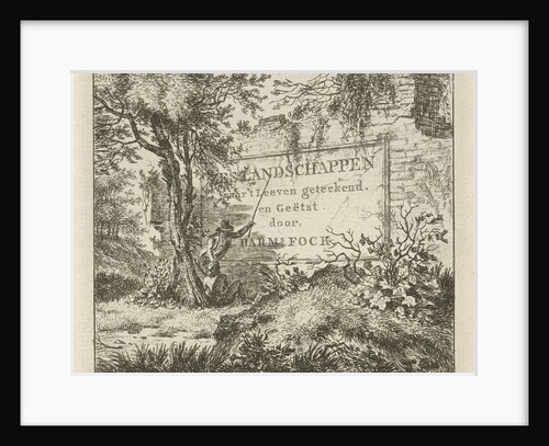 A man pointing a long stick to the inscription on a wall in a forest, while watching a second man, sitting against a tree by Hermanus Fock