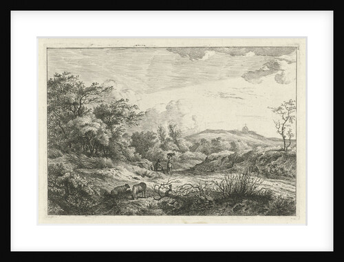 Hill landscape with two sheep, a woman with a basket on her head near a seated shepherd by Hermanus Fock