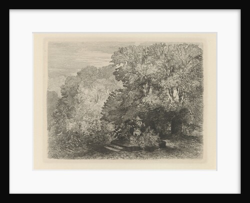 A vase surrounded by bushes, right two large trees by Charles Rochussen