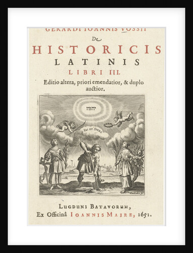 Man holds shovel in the ground standing between personifications of Hope and Abundance by Cornelis van Dalen I Joannes Maire