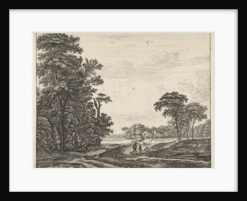 On a path on the edge of The Hague Forest, walk a few walkers and a dog by Roelant Roghman