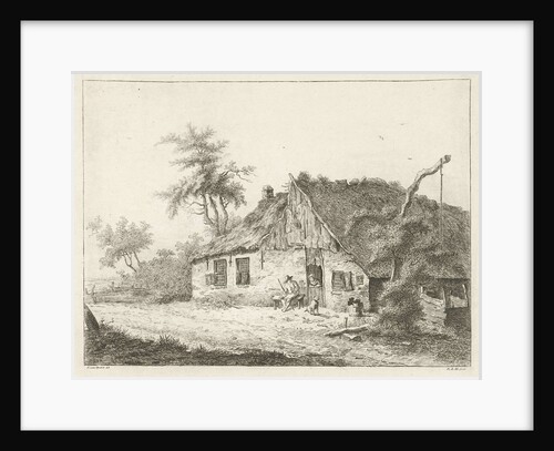 A farm with a thatched roof, a peasant woman is leaning on the lower door, next door a farmer sitting on a bench and a dog by baron Reinierus Albertus Ludovicus van Isendoorn à Blois