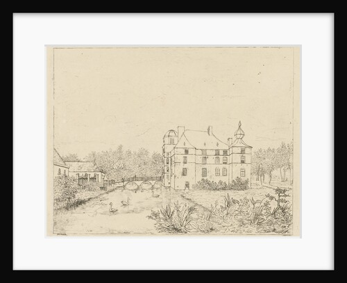 Side view of the castle Cannenburch with houses in the access by baron Reinierus Albertus Ludovicus van Isendoorn a Blois