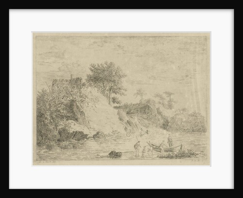 A lake and a barge containing a standing man, three men stand in the water by baron Reinierus Albertus Ludovicus van Isendoorn à Blois