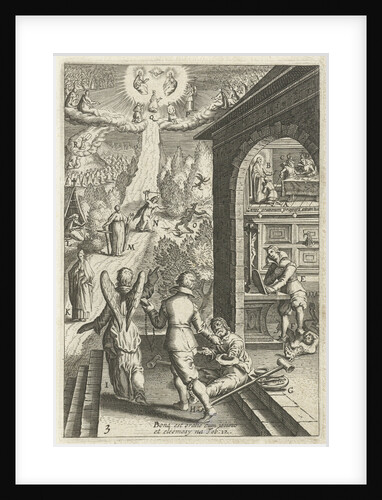 Emblem with man prepares himself with good deeds in a prayer to God by Hendrik Aertssens
