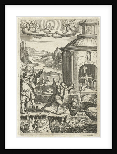 Emblem with angels that encourage men to have compassion with the pleading souls in purgatory by Hendrik Aertssens