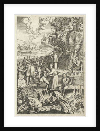 Emblem with bishop who protects a man against the temptations of the devil by Hendrik Aertssens