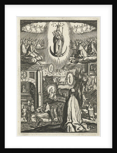 Emblem with Mary and Child worshiped by souls in heaven and a man by Hendrik Aertssens
