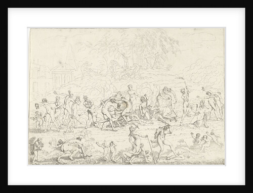 A group Bacchae fighting with each other and with a group of nymphs. Between fighting naked figures walk naked children by Gerard Melder