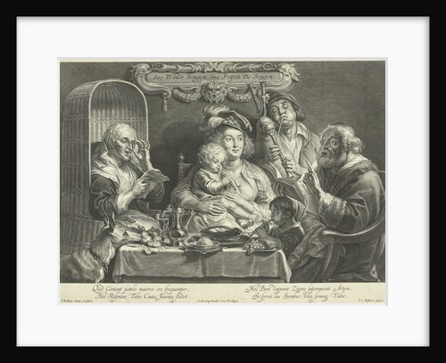 A mother sits with a small child playing flute on her lap on a set table by Schelte Adamsz. Bolswert