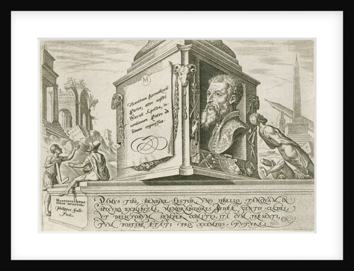 Portrait of Maarten van Heemskerck at the base of a pillar by Philips Galle