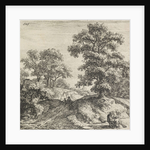 A rolling landscape, left two figures walking on a trail along a large oak tree by Anthonie Waterloo