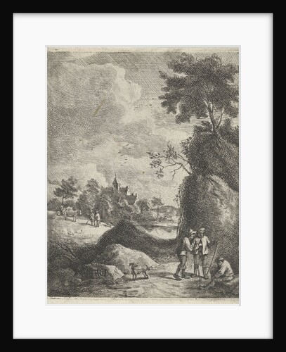 Near a rocky road, three travelers are in conversation, two shepherds graze their cattle, the steeple of the village by Jan Lauwryn Krafft I