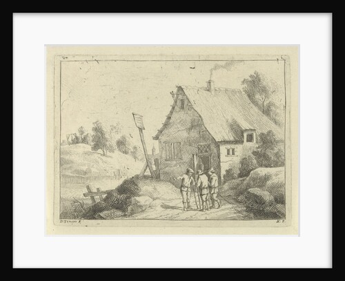 In a hilly landscape are three men talking, from the doorway is a figure, on the hill across the river a figure hanging from a gallows by Jan Lauwryn Krafft I