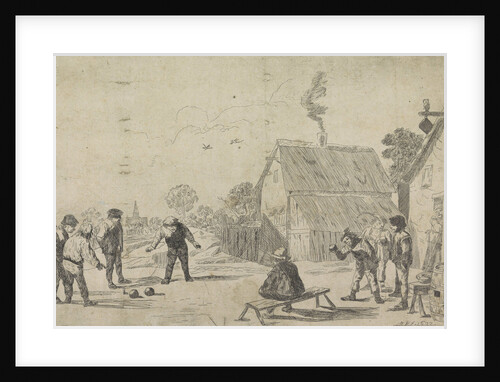 Near an inn farmers play boules, man watches from a bench by Monogrammist MK
