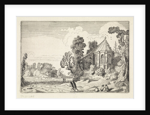 Figures on a country road near a church ruin by Jan van de Velde II