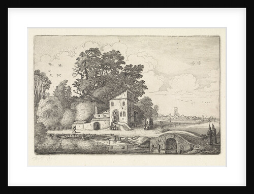 House by a stone bridge into a river landscape by Jan van de Velde II