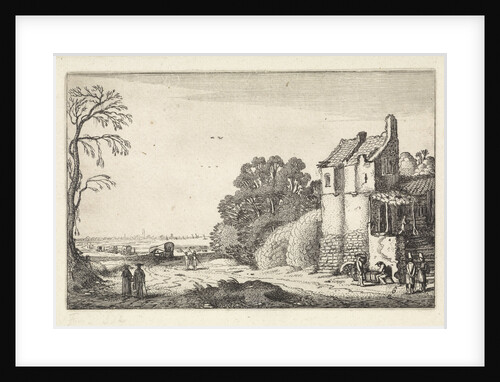 Figures at a house and covered wagons on a country road by Jan van de Velde II