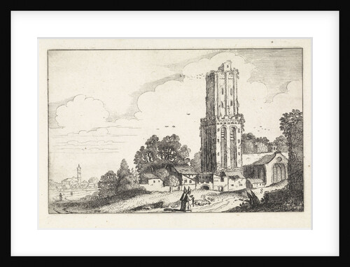 Clergy on a path near a ruined church and in the background a village by Jan van de Velde II