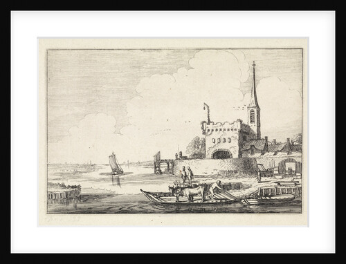 Pont with cattle at a fort in a river landscape by Jan van de Velde II