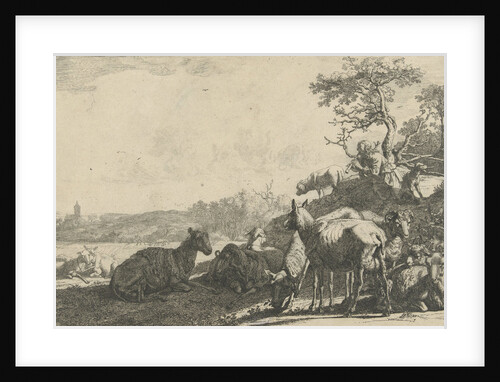 Shepherd with dog on a hill, playing on a flute, the flock of sheep in the foreground by Paulus Potter