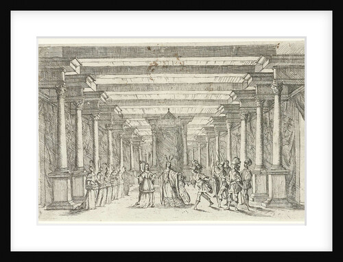 An army captain with feather in his hat and five soldiers in his entourage greet a princess in her palace by Jan van Ossenbeeck