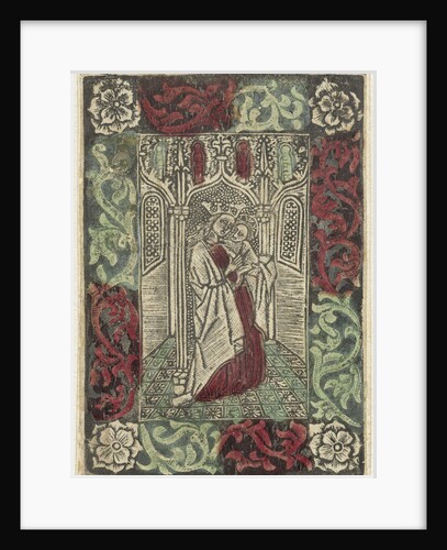 Mary with Child standing in front of Gothic architecture in rectangular frame with decoration of leaf motifs by Anonymous