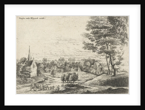 View of a village with a covered wagon by Lucas van Uden