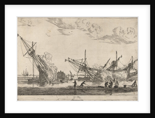 Behind a breakwater are three keeled flute ships by Reinier Nooms