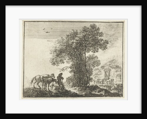 A man stands with two horses near a grove of trees by Gilles Neyts
