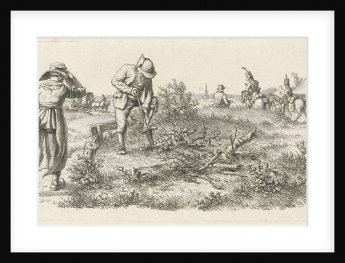 Digging man, a woman with a basket and soldiers on horseback by Jacob Ernst Marcus