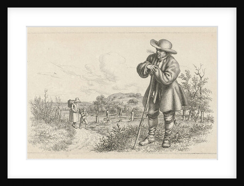 Man leaning on a stick and a woman with a child on a country road by Jacob Ernst Marcus