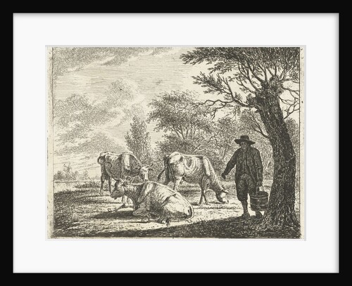 Meadow Landscape with man bucket with three cows by Cornelis Bisschop