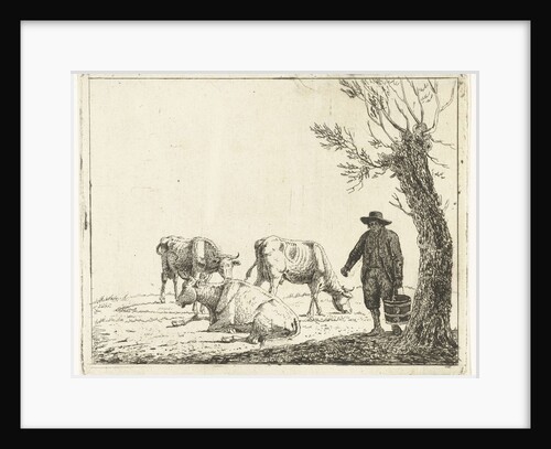 Meadow Landscape with man bucket with three cows by Cornelis Bisschop