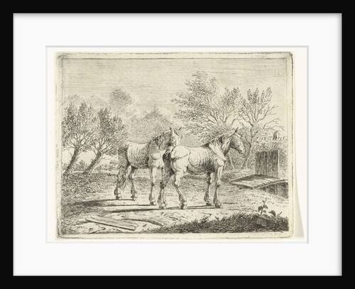 Meadow Landscape with two horses at bridge and farm by Cornelis Bisschop