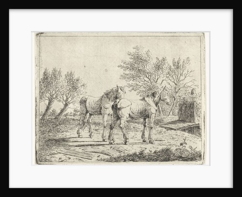 Meadow Landscape with two horses at bridge and farm by Cornelis Bisschop