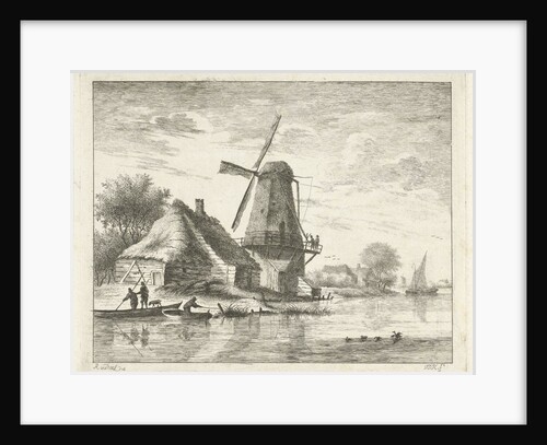 Windmill along a river by Anthonij van der Haer