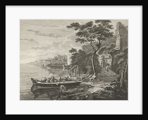 Figures on a barge in a mountain landscape by Anthonij van der Haer