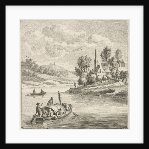 Riverview with two boats at a village by Anthonij van der Haer