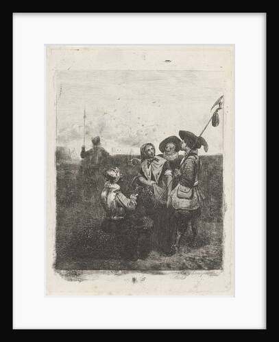 On top of a strengthening of a city a young girl surrounded by three soldiers by Reinier Craeyvanger