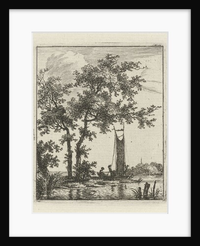 A river landscape with a boat on the waterfront, near two trees, in the boat two persons, one hoisting the sail by Hermanus Fock