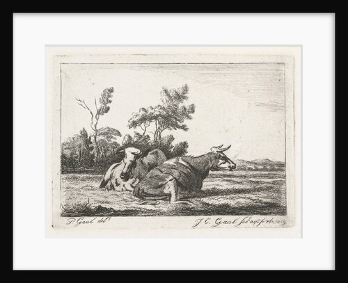 Two white cows lying in front of a group of trees by Jacobus Cornelis Gaal