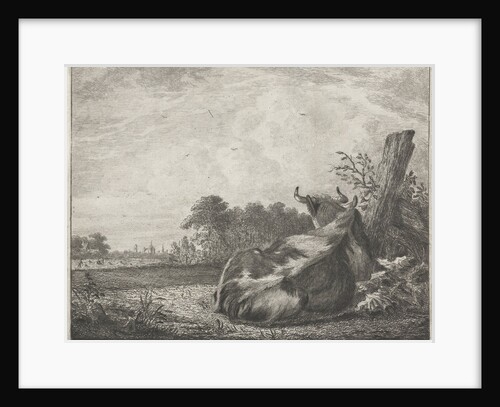 Spotted cow lying on a wooden post by Jacobus Cornelis Gaal