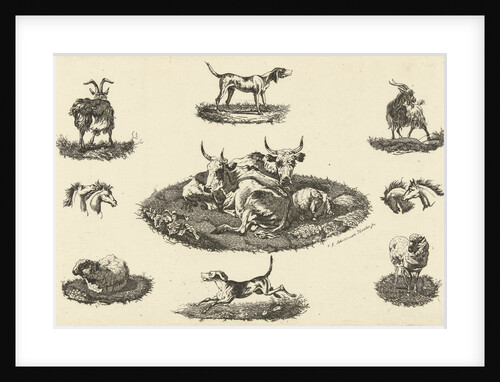 Two cows, a sheep and other animals by Christiaan Godfried Schutze van Houten