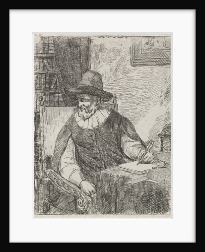 An older man with quill in hand sitting at his desk, globe and bookcase by David van der Kellen II