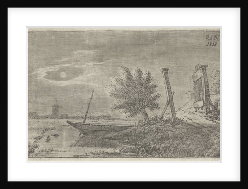 A polder landscape with an open gate at night, in the ditch a boat and on the horizon a mill by Anthonie Willem Hendrik Nolthenius de Man